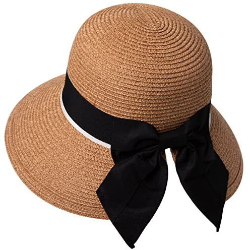 Comhats Chapeau de soleil pour femme UPF 50 à large bord en paille chapeau d'été pliable pour queue de cheval avec nœud papillon, 89015N_marron, L