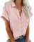 Xnova Camisa Manga Corta de Mujer Básica Blusa Botón Cuello en V Oversized Tops Sólido Essentials Shirt, Cuello con Solapa de Verano Camiseta con Bolsillo(Rosa,L)