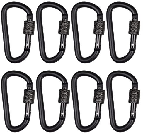 TSHAOUN 8 Pièces Mousqueton Noir, Mousqueton INOX Mousqueton D-Lock avec Verrouillage à Vis pour Extérieur, Camping, Voyage, Randonnée, Pêche, Vélo, Porte-clés, Chaînes de Bouteille d'eau (8)
