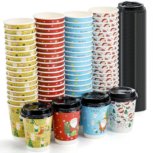 Elsjoy 80 Stück 340 ml Weihnachts-Kaffeetassen mit 100 Stück Deckel, 4 Stile Einweg-Weihnachtspapier-Partybecher, Weihnachtsfeierzubehör für Kaffee, Tee, heiße Schokolade, Kakao