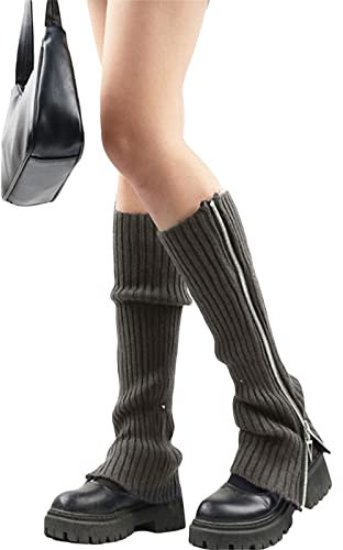 FeMereina Leg Warmers for Women 80s 90s Goth Leg Warmer Girls Kawaii Japanese Style Knit Striped Leg Warmers Y2K Leg Sleeves (Zip up - Grey, One Size)