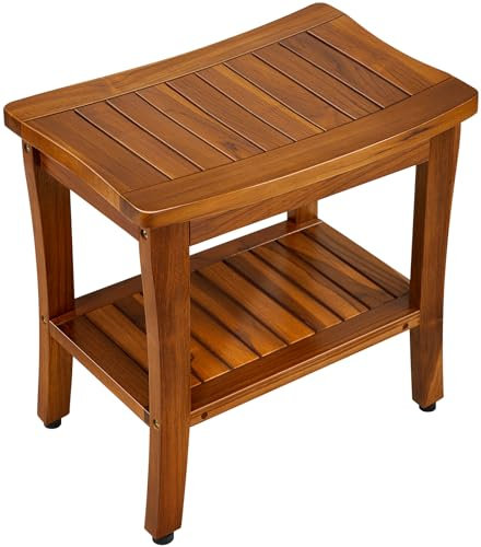 TEAKMAMA Panca da doccia in teak da 50,8 cm, impermeabile, per uso interno, sgabello da doccia in teak con ripiano per bagno, panca da bagno resistente per anziani, montaggio richiesto