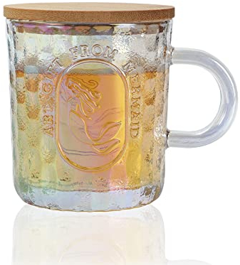 1500° C TABLETOP Meerjungfrau irisierendes Glas Kaffeetasse mit Deckel, 340 ml, mit Bambusdeckel für Latte-Schokolade, Americano, Milch, Hafer, Joghurt