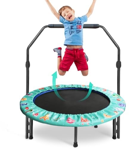 Trampolin Kinder Ø 92cm Mini Kindertrampolin mit Verstellbarer Griff & gepolsterter Sicherheitsabdeckung, Indoor & Outdoor Kleinkind-Trampolin für ab 3 Jahre, bis zu 60kg, Grün