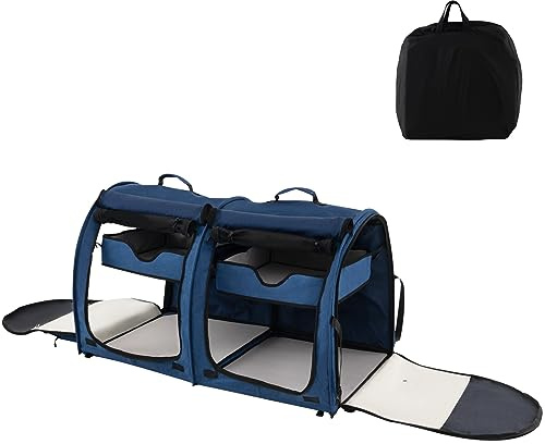 Maxmass Double Soft-Sided Pet Carrier, Portable Pet Travel Crate with 2 Compartments, Detachable Hammocks, Litter Box and Carrying Bag, Collapsible Dog Kennel for Small & Medium Cats Puppies (Navy)