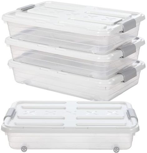 Beeveer 4 Plastic Under Bed Storage Containers, 23.7 x 15.8 x 5.2, White
