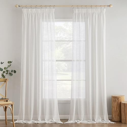 MIULEE 2er Set Voile Vorhang Sheer Vorhang mit kräuselband Transparente Leinenoptik Gardinen Wohnzimmer Modern Fensterschal Schlafzimmer 140x260cm (B x H) Weiß