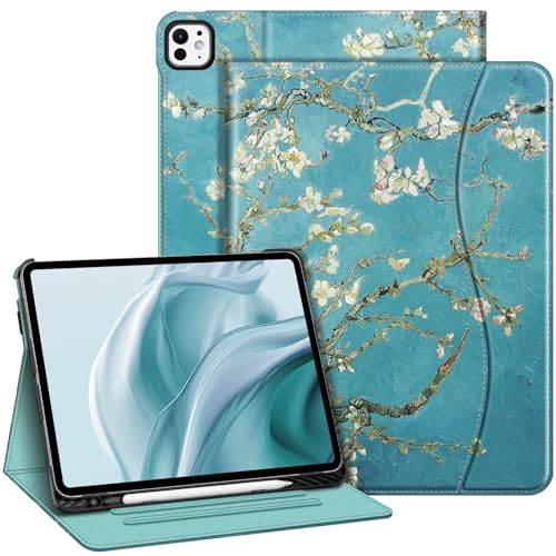 FINTIE Coque pour iPad Pro 13 Pouces M5/M4 (2025/2024), [Rangement de Stylet] Housse Multipositions avec Poche de Document, Etui Folio Veille/Réveil Auto, Fleur Abricotier