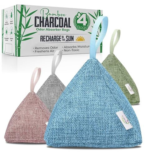 4 Pack Bamboo Charcoal Air Purifier Bags 200 Grams Each - Odor Absorber & Eliminator for Home, Car, Pets, Activated Charcoal Natural Freshener, Eco-Friendly & Reusable Designer Colors)