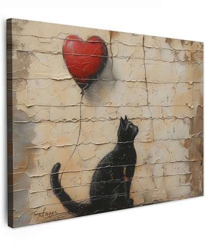 MuchoWow© Bilder 70x50 cm Wohnzimmer Deko Modern Wandbild Kunstdruck auf Leinwand Bild Schlafzimmer über Bett Room Decor Geschenke Street art - Katze - Ballon - Graffiti - Banksy