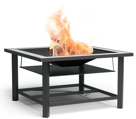 Blumfeldt Merano Avanzato Feuerschale - 3-in-1 Feuerschale Mit Grillrost & Tisch, Robuster Stahlrahmen, Terrazzo-Tischplatte, Inkl. Funkenschutz, Hitzeschild & Schürhaken, Für Garten & Terrasse