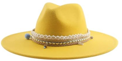Fedora Trilby Filzhut Hut Hüte Für Damen Und Herren Fedora-Hut Breite Krempe 9,5 cm Große Größe Einfarbig Lässig Band Filzhut 56–58 cm Gelb