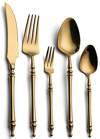 LIKECRAFT Service de table, ensemble de 20 couverts dorés en acier inoxydable, comprenant couteau/fourchette/cuillère, réutilisables, lavables au lave-vaisselle