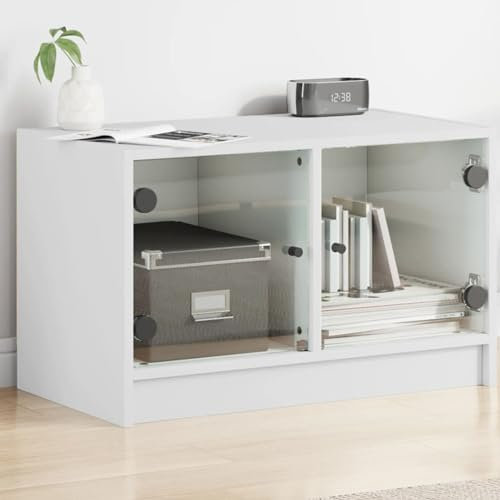 Homgoday Meuble TV avec portes en verre blanc 68 x 37 x 42 cm, meuble TV salon, table basse pour TV, meuble de salon industriel