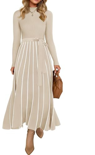 ZESICA Womens 2025 Fall Turtleneck Long Sleeve Sweater Dress Tie Waist Casual Loose Ribbed Knit A Line Midi Dresses