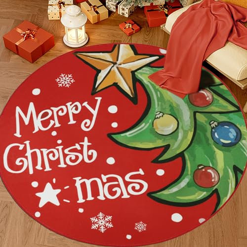 Capslpad Runder Teppich mit Aufschrift Merry Christmas, Durchmesser 120 cm, rutschfest, für Wohnzimmer, niedriger Flor, Weihnachten, runder Teppich, Bauernhaus, waschbar, für Schlafzimmer, Urlaub,