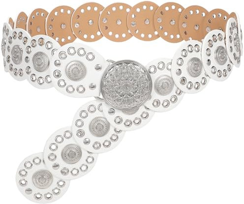 JasGood Breite Scheibengürtel für Damen Leder Aushöhlen Runde Gürtel Western Cowgirl Gürtel Damen Concho Vintage Boho Disc Ledergürtel Verstellbare Taillengürtel für Kleider,Weiß,125cm