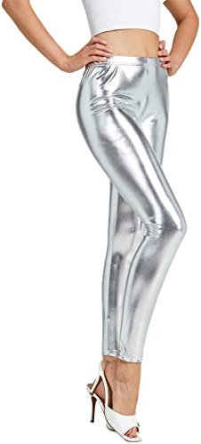 NewL Damenleggings, glänzend, metallisch, Sportleggings, helle Bleistifthose, Fitness, Mode, Jeggings, Bonbonfarben, Silber, XXL