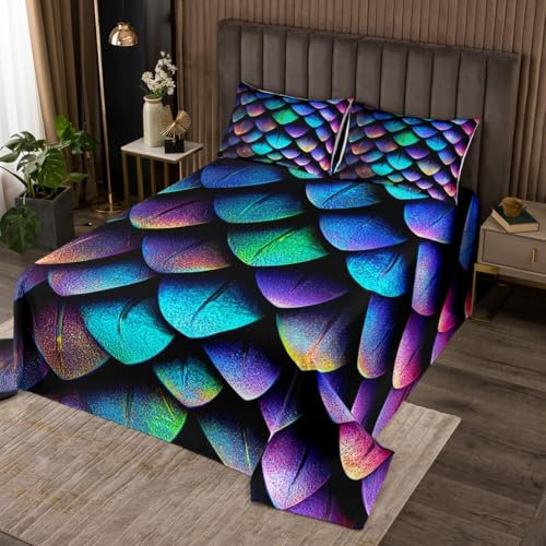 Dragon Scale Quilt Set Wild Animal Hide Gothic Coverlet Set,Exotische Gothic Bettdecke Set 240Bx260L,Aquarell Waagen Gesteppt,Boho Schlafzimmer Dekor