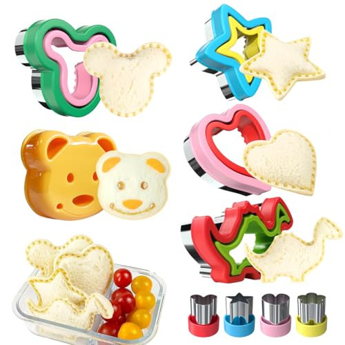 9 Stück Brot Ausstecher für Kinder, Sandwich Ausstecher Brotausstechformen Kinder, Dinosaurier Mickey Bären Herz Stern Ausstecher, Obst und Gemüse Ausstecher, Ausstechformen Brotdose für Kekse, Toast