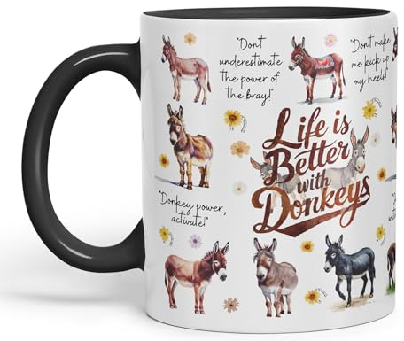 Vixar Life Better with Donkeys Joke sarkasm Sarcastic Ceramic Coloured Mug Cup for Tea Coffee Hot Brew 330ml 11Oz Gift (Black)