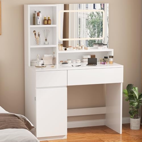 Devoko Toeletta Trucco con Specchio, Luci LED Regolabili, Ripiani Regolabili con 2 Cassetti,Postazione Trucco,Tavolo da Toilette Moderno in Legno Bianco