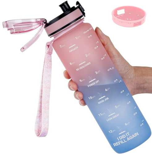 GOPPUS 1L/32oz Tritan Water Bottle (No Straw)-Soft Matte Finish Drink Bottle with Measurements Bottles with Lockable Flip Top Motivational Bottles with Time Marks for Adults BPA Free (Pink Blue)
