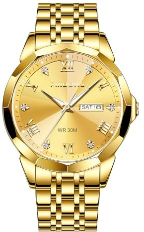 PINDOWS Armbanduhr für Herren Diamanten Business-Dress-Stil analoges Quarzwerk luxuriöse wasserdichte Armbanduhr Leuchtzeigern Datumsanzeige zweifarbiges Edelstahlarmband klassisch-modische Herrenuhr