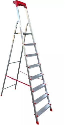EffeDecor - Scala Domestica in Alluminio Leggera Pieghevole con Portaoggetti Scaletta Multiuso Gradini Larghi Antiscivolo (8 Gradini)