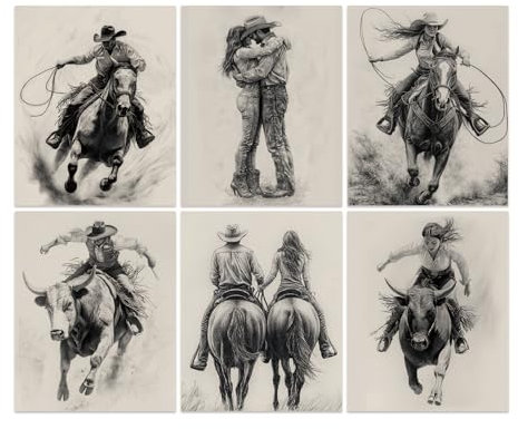 SUPERDANT Western Skizzenszene Wandkunst Poster Western Cowboy Drucke Poster Cowboy Copules Wandbilder Cowgirl Wandkunstdrucke 6 Stück/Set Für Schlafzimmer Wohnzimmer Ungerahmt