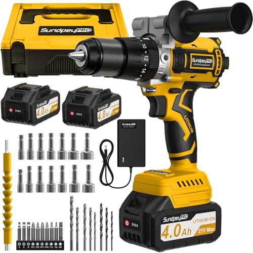 SundpeyPRO Trapano a Percussione Batteria 120Nm - 21V Brushless Trapano Avvitatore con 2 Batterie 4 Ah, 20+3 Coppie, 13mm Mandrino, 2 Velocità, Funzione Percussione, Impugnatura, per Fai da te
