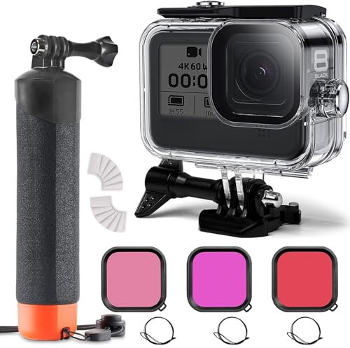 FitStill 60 M/196 FT Custodia subacquea impermeabile con 3 filtri subacquei e manico galleggiante, adatto per Go Pro Hero 8 Black Accessori Set da immersione
