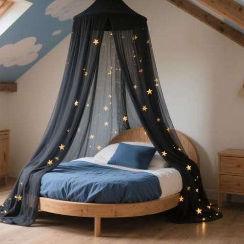 Henrrida Betthimmel für Mädchen, mit leuchtenden Sternen, Betthimmel, Prinzessinnenbett, Mädchen, Schlafzimmer-Zubehör, schwarz
