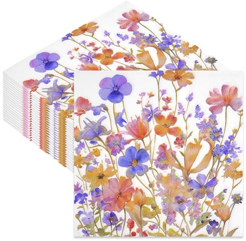 40Pcs Disposable Floral Paper Napkins, 33x33cm Colorful Flower Patterned Serviettes Tissue for Afternoon Tea Birthday Wedding Baby Shower Party Decorations(D)