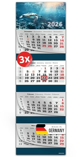 PRIMUS PRINT XXL Kalender 2026 - Mehrblock Wandkalender - 4-Monatskalender - mit Datum Schieber, Kalender zum Aufhängen - inklusive Feiertagen & Ferien - verschiedene Motive - [ 3x Schildkröte ]