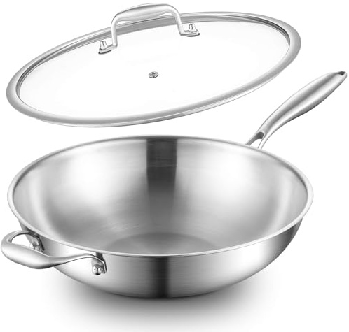 Nontoxicook 28cm (11inch) Tri-Ply Stainless Steel Wok Pan with Lid | Cooking Wok with Side Ear, Wide & Deep Cookware Stir-Fry Pan, Oven Safe up to 315℃, Works on Induction