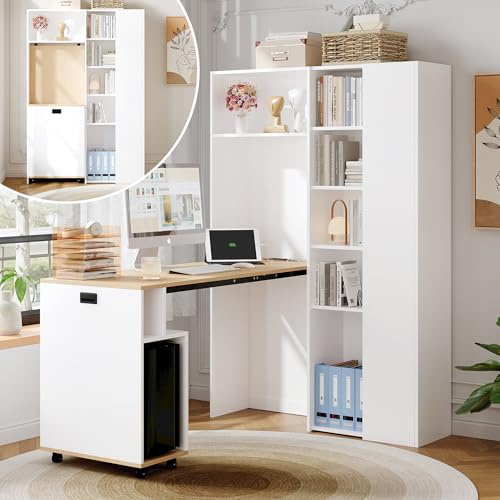 Kebnor 2-in-1-Bücherregal und Schreibtisch, klappbar, mit Steckdose und USB-Anschluss, höhenverstellbare Ablagen, Kippschutz, weiß,Eck -Klappbarer Schreibtisch mit Ablagen