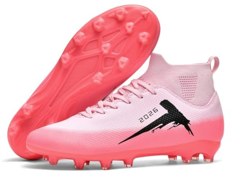 BINBINNIAO Hochgeschnittene Fußballschuhe - AG/TF Stollenschuhe für Kunstrasen, Leicht & Atmungsaktiv, rutschfeste Stollen für Herren/Damen/Jugend (Schwarz/Weiß/Rosa)