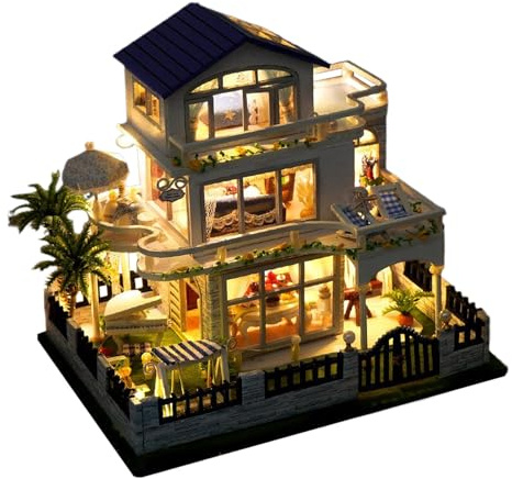 Miniatur Puppenhaus Bausatz,3D Holz Bastelsatz für kleine Villa Modellbau mit LED - Handgefertigtes Bastelset & Zimmerdeko Für Kinder Jugendliche Erwachsene