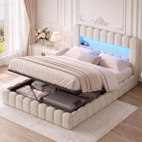 BPKADHY Polsterbett 140x200 mit Bettkasten, Bett 140x200 mit Hydraulisch Stauraum, Kopfteil mit LED & USB, Doppelbett Bettgestell mit Lattenrost,Leinen Beige, Ohne Matratze