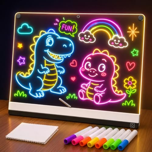 aichilra LED Zeichenbrett für Kinder, Leuchtendes LED Zeichenbrett mit 7 Farbstifte & 9 Lichteffekte, 35x26 cm Acryl Maltafel, Inkl Stifte, Ständer & Ladekabel, leicht abwischbar