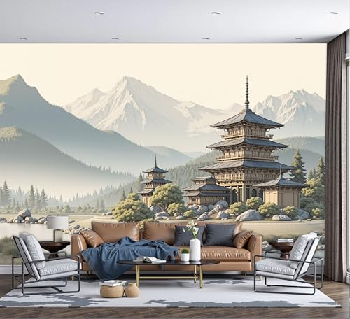 Japanese Landscape Style Temple Photo Wallpaper Panoramic, Mountain Mist Landscape Wall Mural Poster 3D Effect - Silk Wallpaper for Living Room Bedroom Office TV Background Decoration, 200x140cm