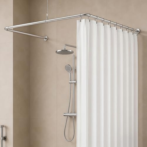 Duschvorhangstange U Form & L Form Verstellbare Duschstange Edelstahl Eckstange mit Vorhangringen und Deckenstütze für Badewanne Dusche (Silber TypA)