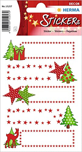 HERMA 15257 Aufkleber zum Beschriften Glitzer, 10 Stück, Weihnachten Sticker mit Weihnachtsbaum, Sterne Motiv, Kinder Etiketten für Weihnachtsdeko, Geschenke, Adventskalender, Winter