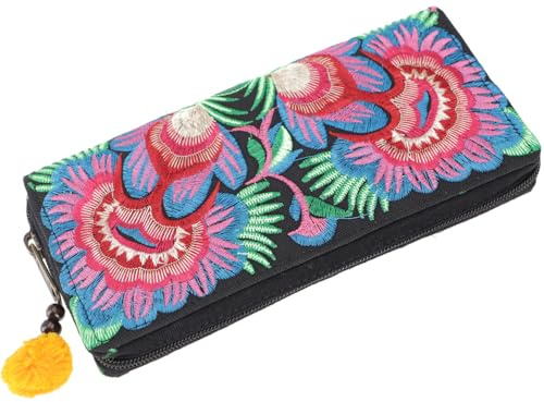 GURU SHOP Besticktes Ethno Portemonnaie Chiang Mai, 100% Baumwolle, schwarz | Traditionelles Design, Reißverschluss, vier offene Fächer, Kartenfächer, florale Muster, lebendige Farben