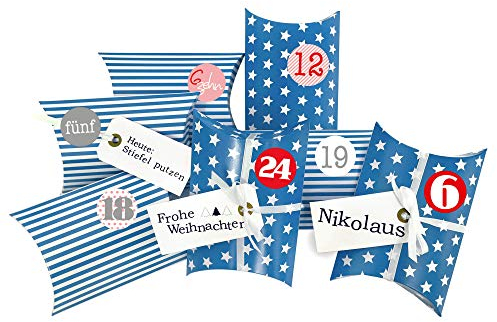 Frau WUNDERVoll® DIY Adventskalender zum Befüllen Christkind: Set 199, Kissenschachteln 15x11x4,5cm blau Sterne und Streifen, Ziffern rosa-rot