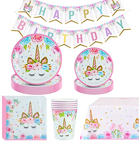 Amycute Unicorno Party Kit Compleanno, Set di Articoli per Feste Unicorno per Bambini Ragazze Festa di Compleanno Baby Shower Serve 16 Ospiti