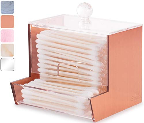 Rose Gold Acrylic Qtip Holder - Qtip Brand Cotton Swab Dispenser, Modern Bathroom Decor Organizer for Countertop Vanity Storage