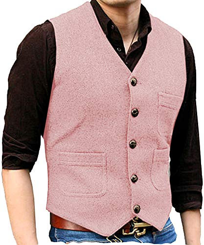 HSLS Uomo Lana Tweed Spina di Pesce Vestito Gilet V Collo Slim Fit Gilet Business, Rosa, X-Large
