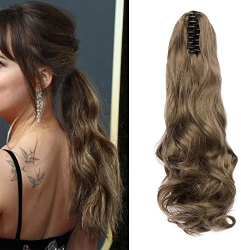 Cybelleza Haar Extensions Zopf Haarteil Clip in Ponytail Extensions Claw Pferdeschwanz Haarverlängerung günstig wie Echthaar Gewellt Lockig Kunsthaare Lang Voluminös (Aschblond)